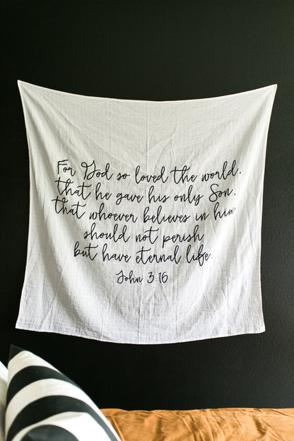Wall display of John 3:16 Scripture Swaddle.