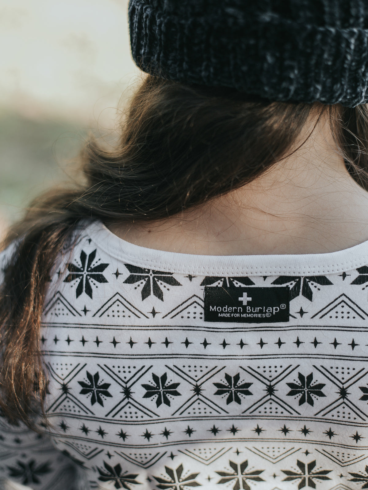 Organic Baby + Kids Pajama Set | Black on White Nordic Winter — Back neckline and Nordic print detail