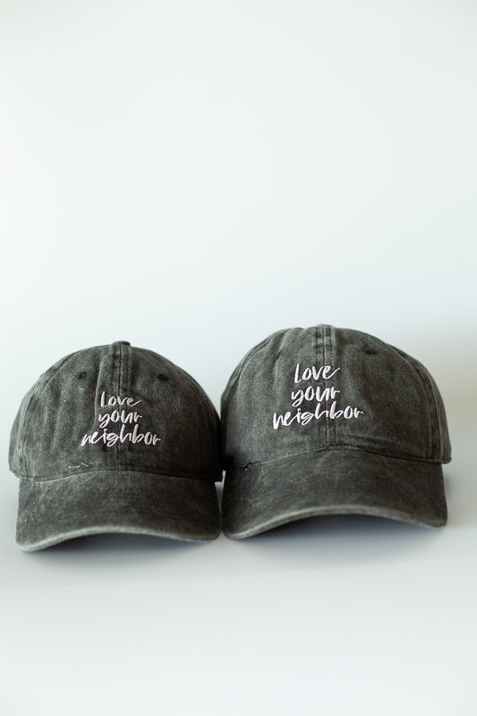 Love Your Neighbor washed black baseball cap for adults and children