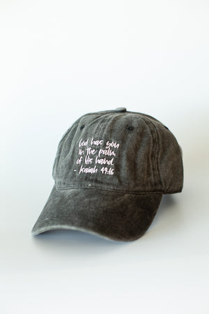 
                  
                    Load image into Gallery viewer, God has you in the palm of his hand Isaiah 49:16 -  Baseball Cap - Washed Black | 2 sizes
                  
                