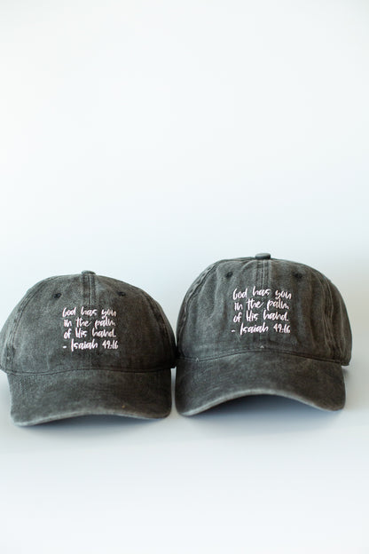 Isaiah 49:16 washed black Scripture baseball cap in adult and child sizes