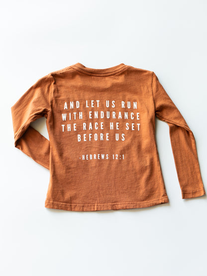 Made in the USA | Hebrews 12:1 Kid L/S Crewneck Tee - Sunburn