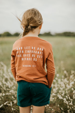 
                  
                    Load image into Gallery viewer, Made in the USA | Hebrews 12:1 Kid L/S Crewneck Tee - Sunburn
                  
                