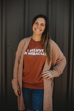 
                  
                    Load image into Gallery viewer, Made in the USA TEE FOR A CAUSE | I believe in miracles Unisex S/S Crewneck Tee - Sunburn
                  
                