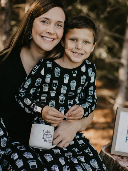 Organic Baby + Kids Pajama Set | White on Black Coffee Love — Parent and child wearing the coffee print