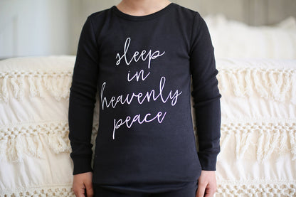 Organic Baby + Kids Pajama Set | Sleep in Heavenly Peace — Close-up of the Sleep in Heavenly Peace lettering