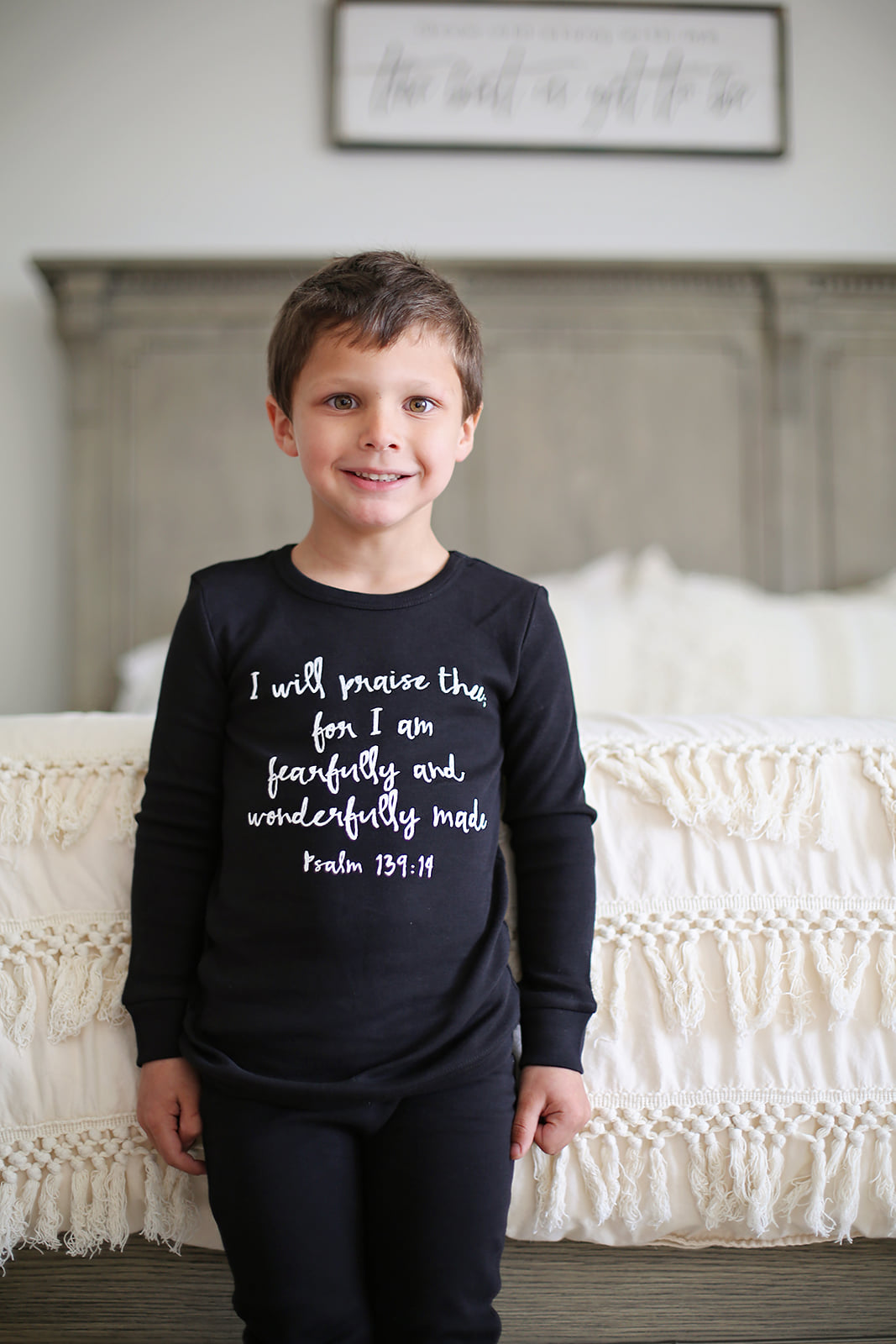 Organic Baby + Kids Pajama Set | Psalm 139:14 — Child wearing the printed pajama top