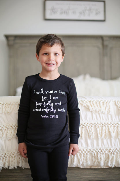 Organic Baby + Kids Pajama Set | Psalm 139:14 — Child wearing the printed pajama top