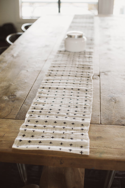 Swiss Cross organic cotton muslin table runner by Modern Burlap