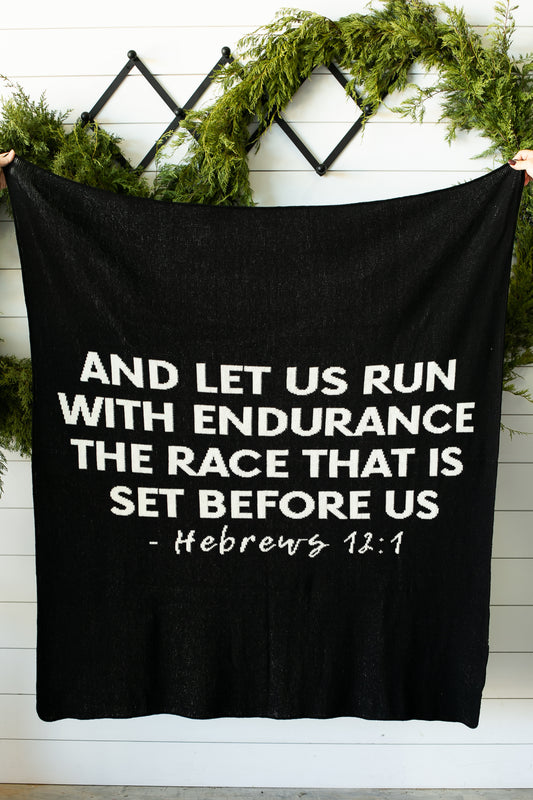 Hebrews 12:1 recycled cotton throw blanket by Modern Burlap