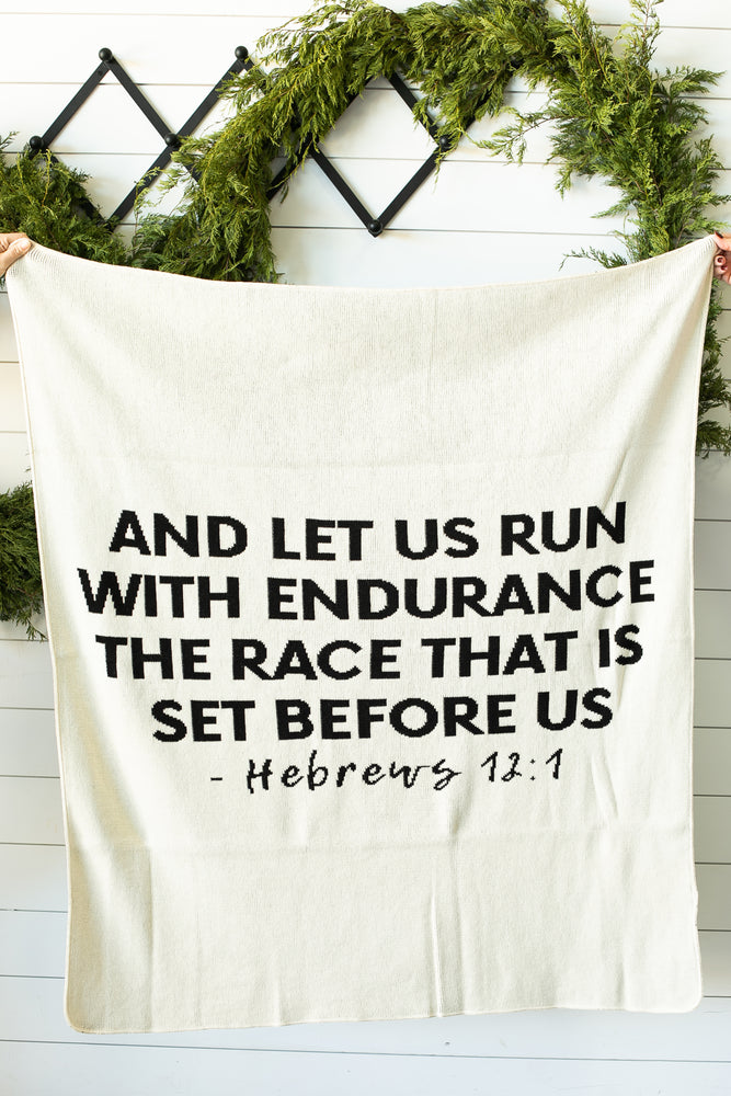 
                  
                    Load image into Gallery viewer, Made in the USA | Recycled Cotton Blend Hebrews 12:1 Throw Blanket
                  
                