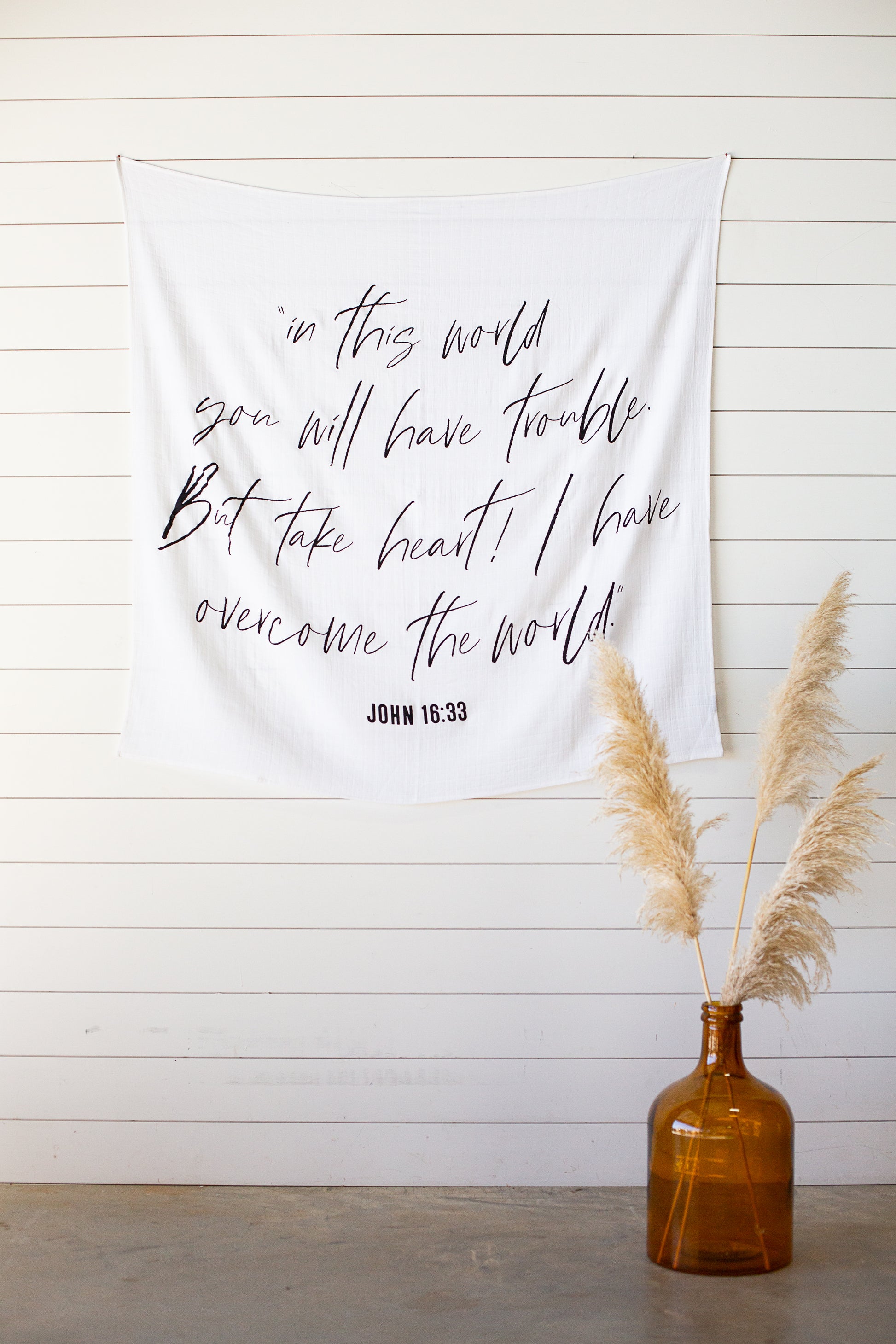 John 16:33 GOTS organic cotton muslin Scripture swaddle