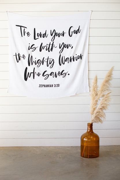 Zephaniah 3:17 GOTS organic cotton muslin Scripture swaddle and wall art by Modern Burlap