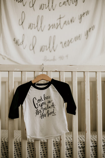 Isaiah 49:16 organic cotton raglan tee with God Has Not Forgotten You message