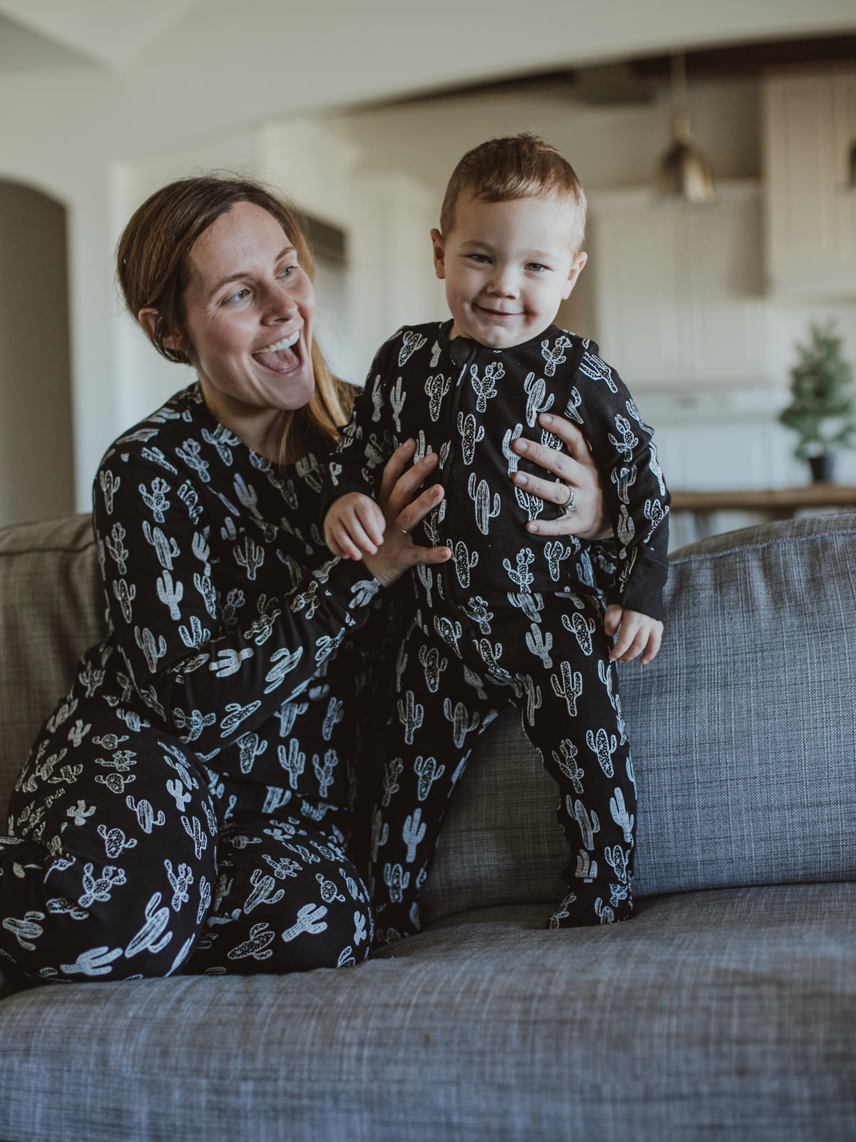 FINAL SALE - Women's Pajama Set in Organic Cotton -  WHITE ON BLACK CACTUS©, product image 2