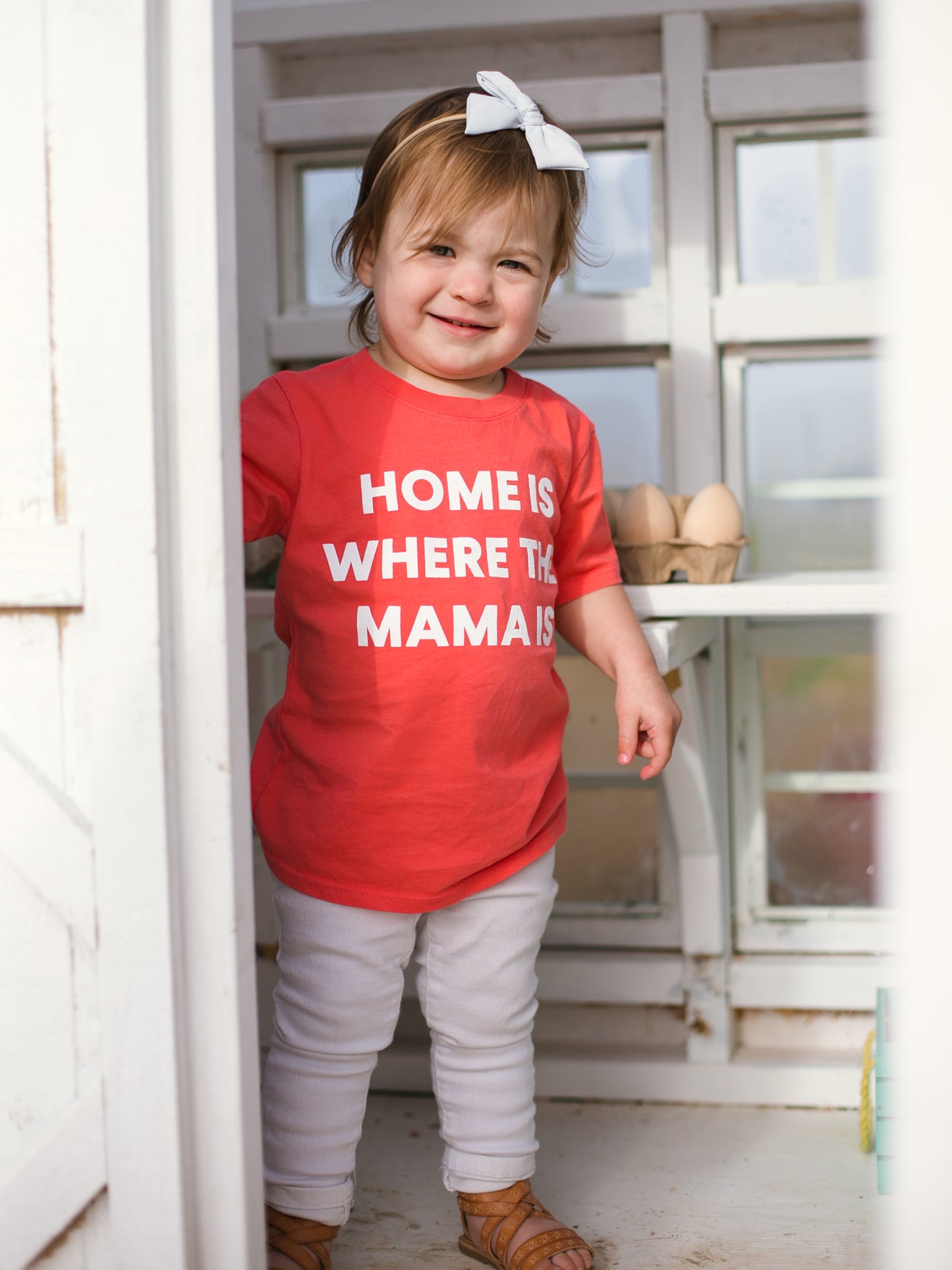 Home Is Where the Mama Is organic cotton kids tee in Living Coral