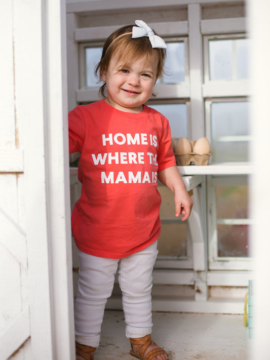 Home Is Where the Mama Is organic cotton kids tee in Living Coral