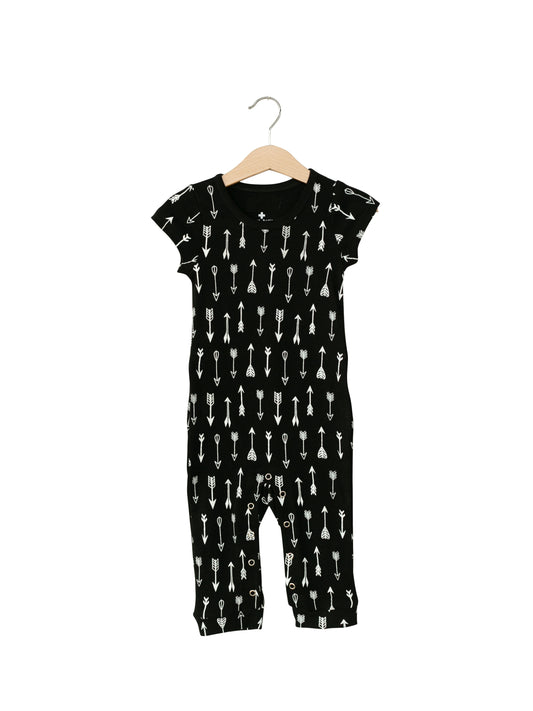 White on Black Arrows Organic Baby Explorer Back Jumpsuit — product photograph.