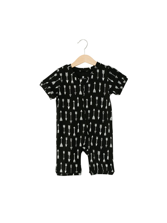 White on Black Arrows Organic Baby Short Sleeve Zip Romper — product photograph.