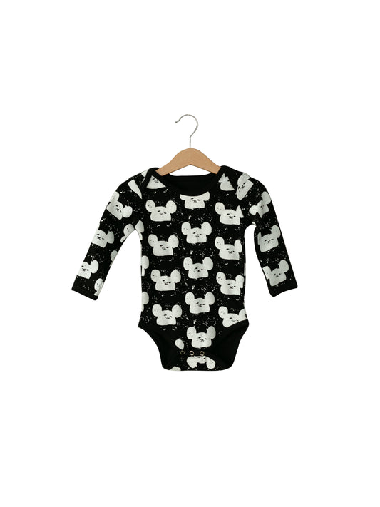 WHITE ON BLACK MODERN MOUSE Organic Baby Long Sleeve Bodysuit — product photograph.