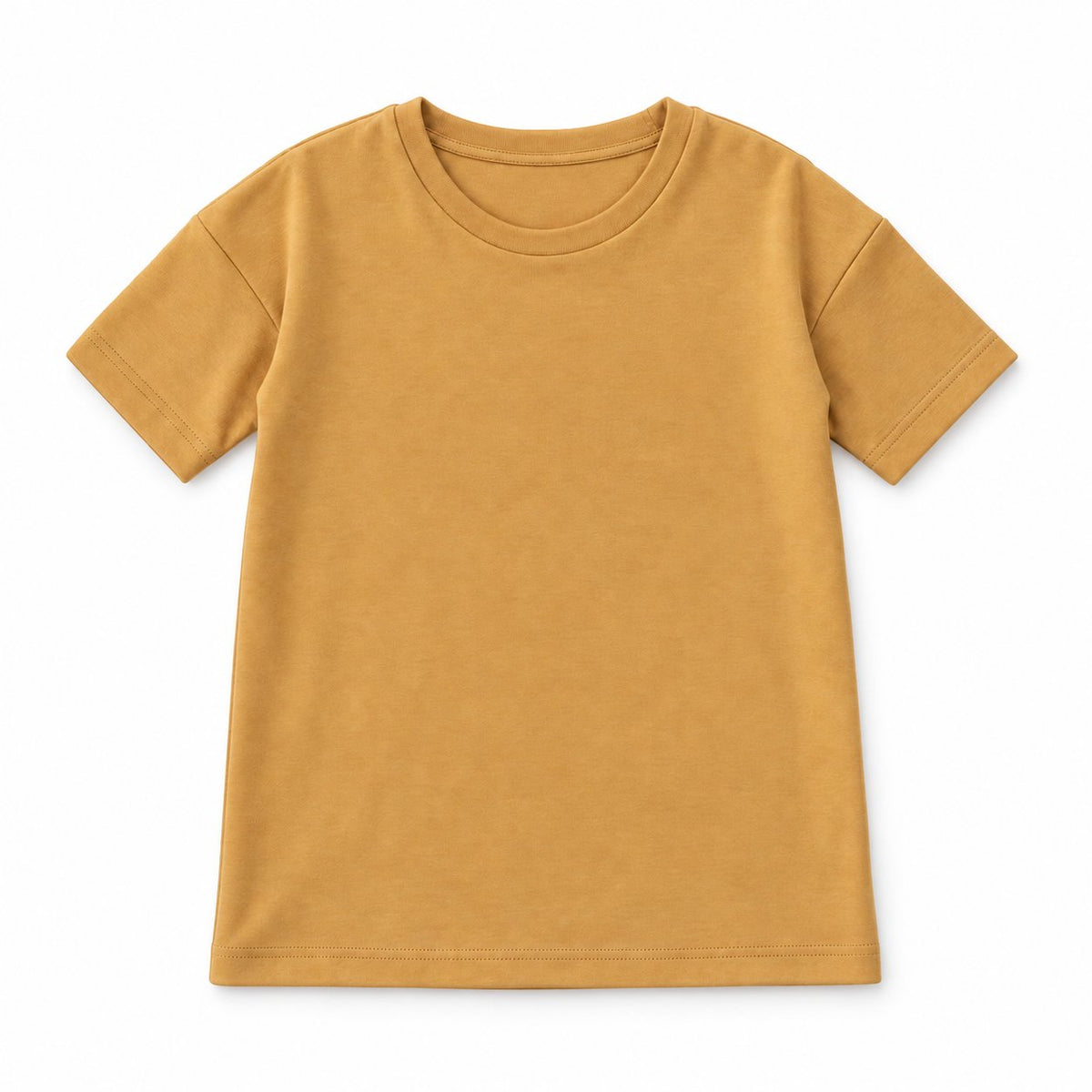 Modern Burlap organic short sleeve slouch dress in Honey, front studio view