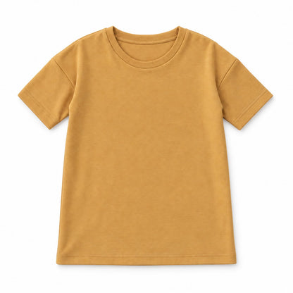 Modern Burlap organic short sleeve slouch dress in Honey, front studio view