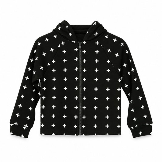 Modern Burlap organic zip hoodie in White on Black Swiss Cross, coordinated front studio view on white