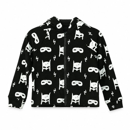 Modern Burlap organic zip hoodie in White on Black Hero Struck, coordinated front studio view on white