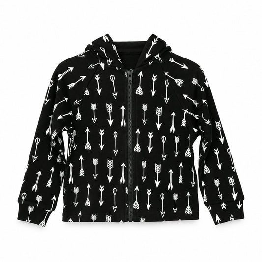 Modern Burlap organic zip hoodie in White on Black Arrows, coordinated front studio view on white