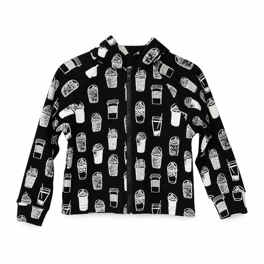 Modern Burlap organic zip hoodie in White on Black Coffee Love, coordinated front studio view on white
