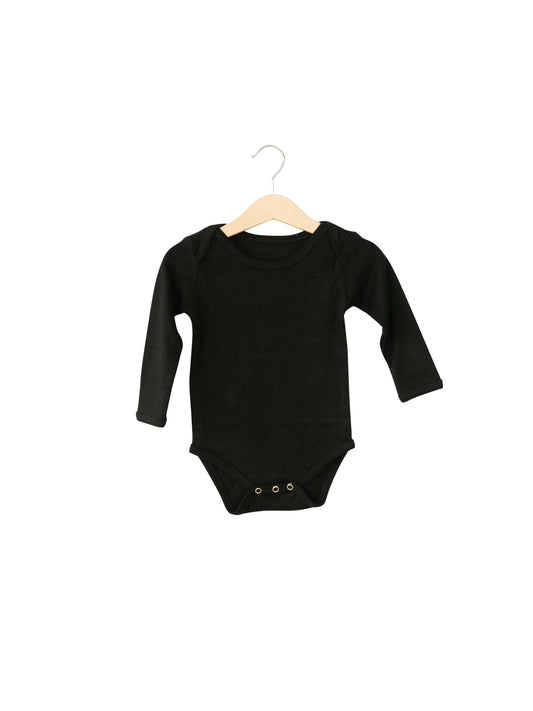 Black Organic Baby Long Sleeve Bodysuit — product photograph.