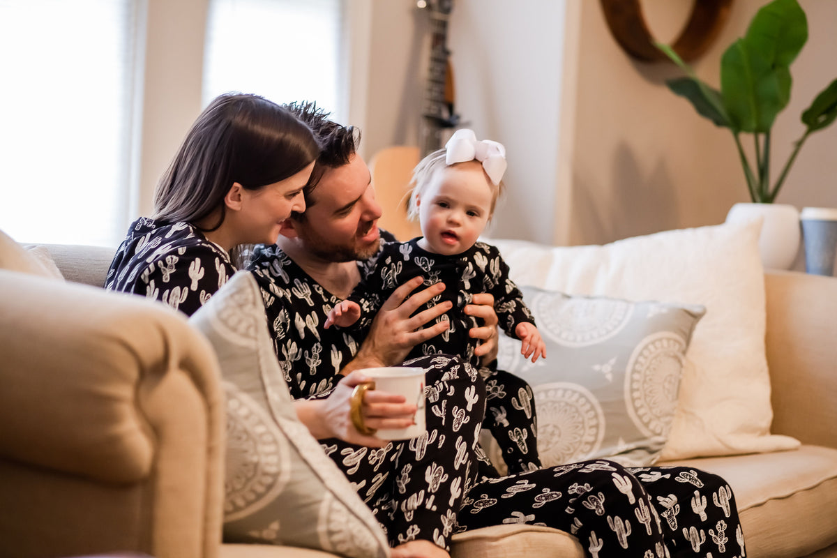 Women's organic cotton pajama set in white-on-black cactus print