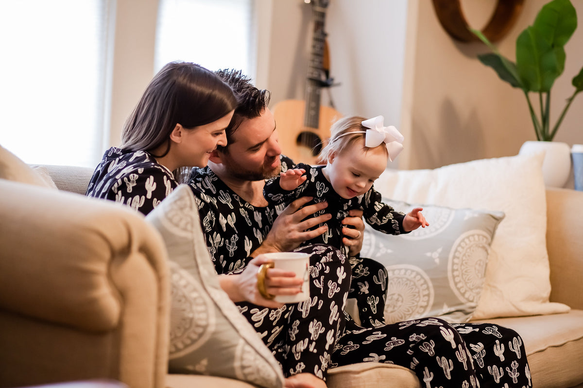 Women's organic cotton pajama set in white-on-black cactus print