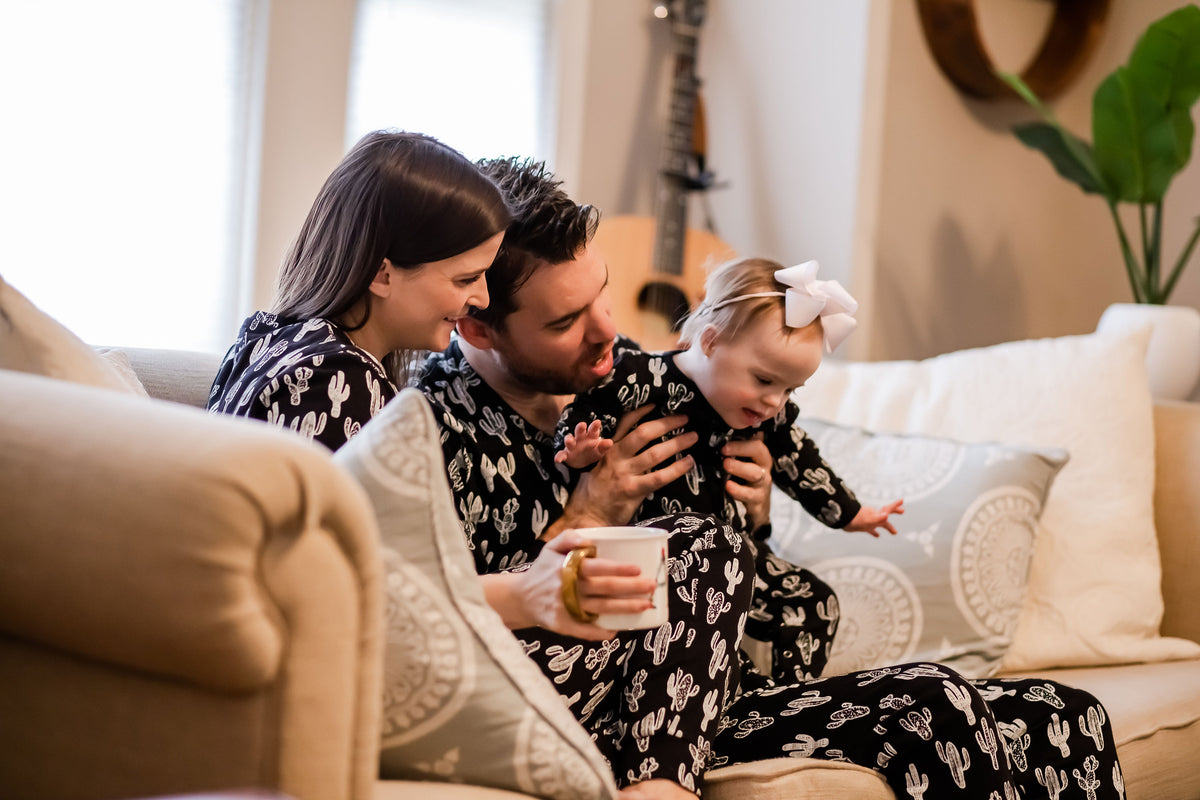 Women's organic cotton pajama set in white-on-black cactus print