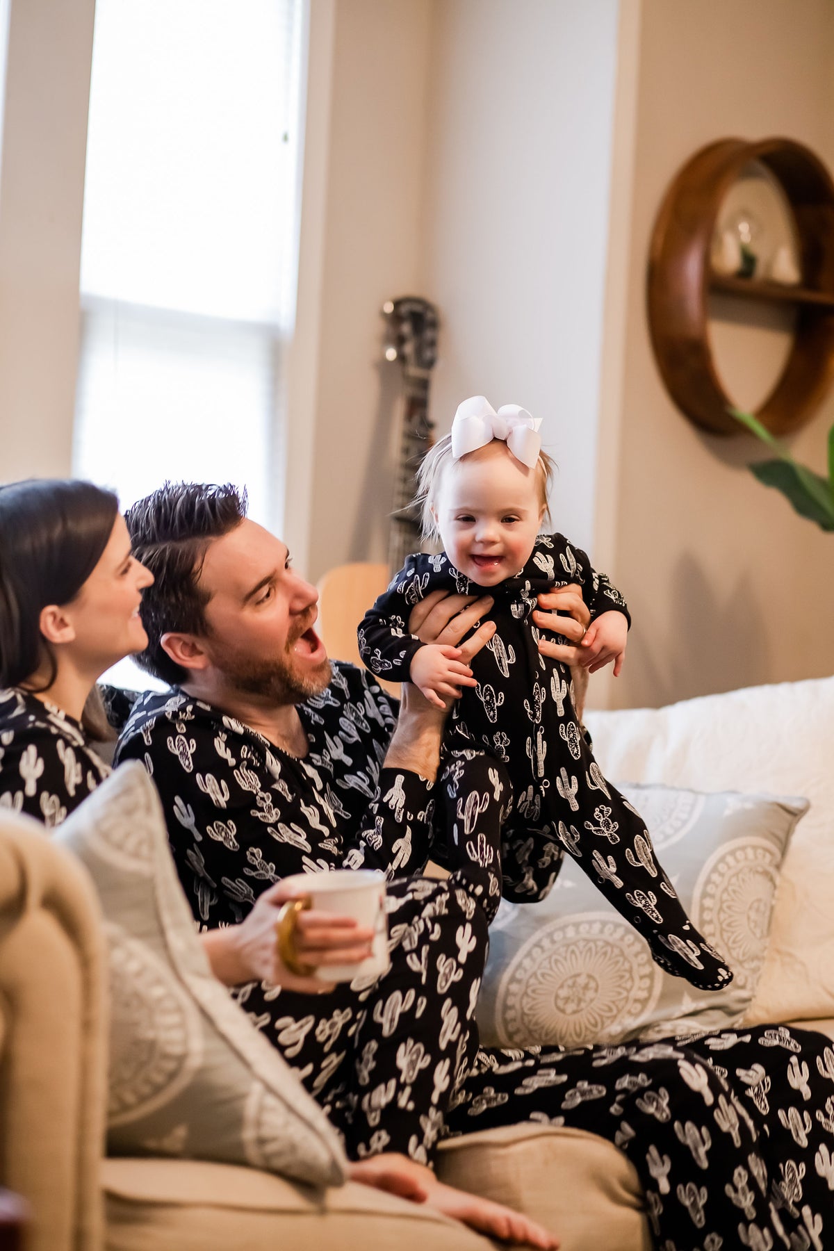 Women's organic cotton pajama set in white-on-black cactus print