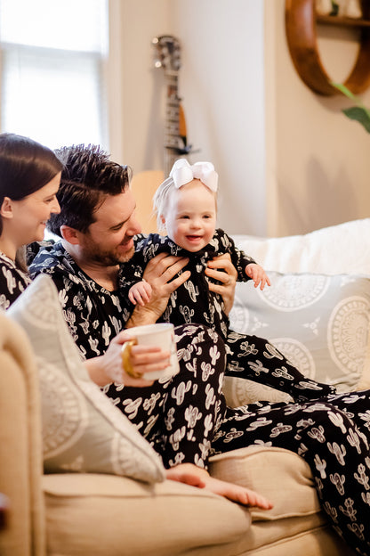 Women's organic cotton pajama set in white-on-black cactus print