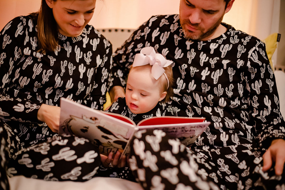 Women's organic cotton pajama set in white-on-black cactus print