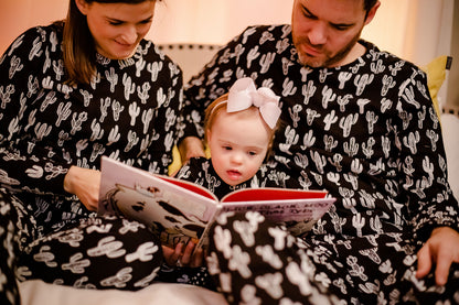 Women's organic cotton pajama set in white-on-black cactus print