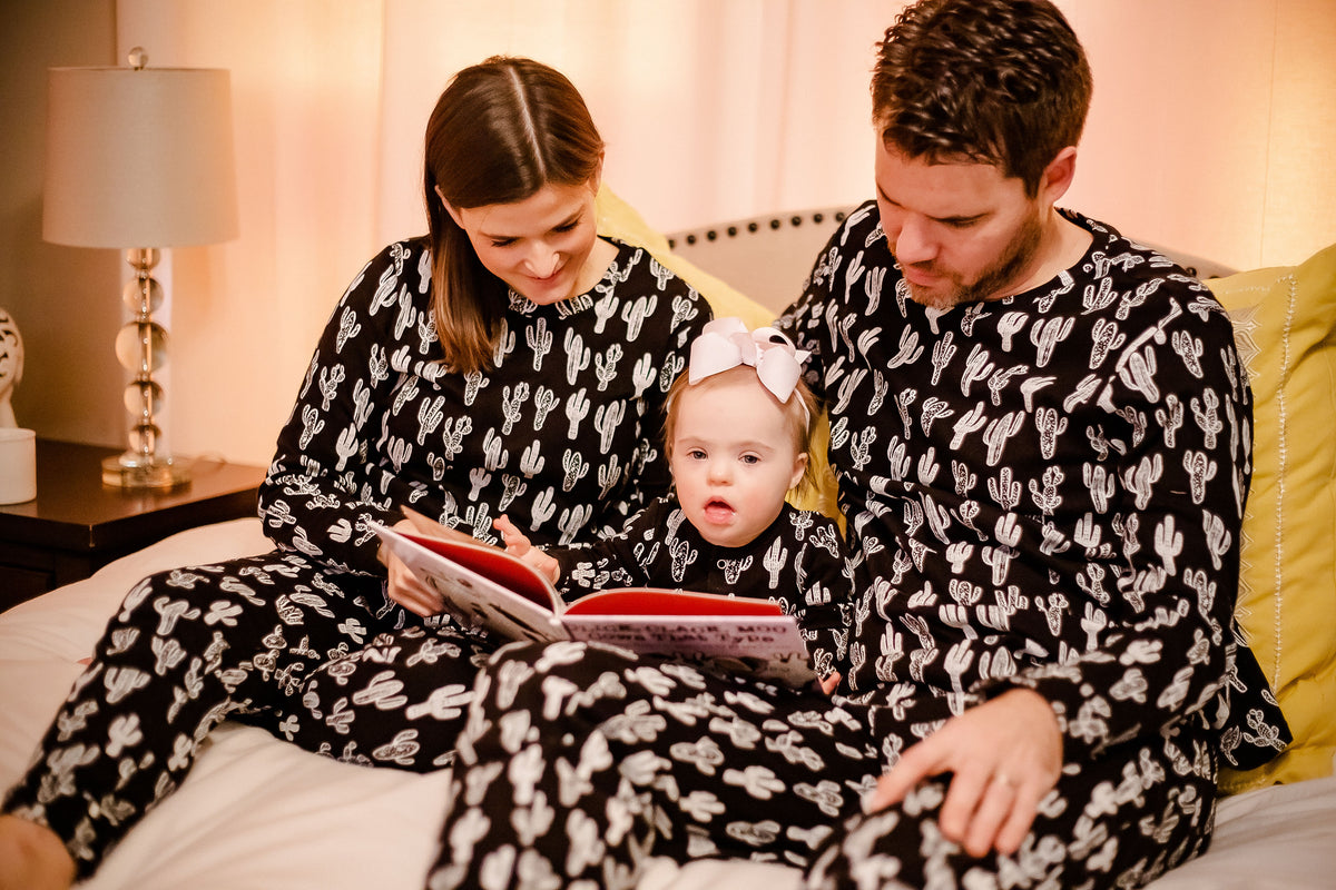 Women's organic cotton pajama set in white-on-black cactus print
