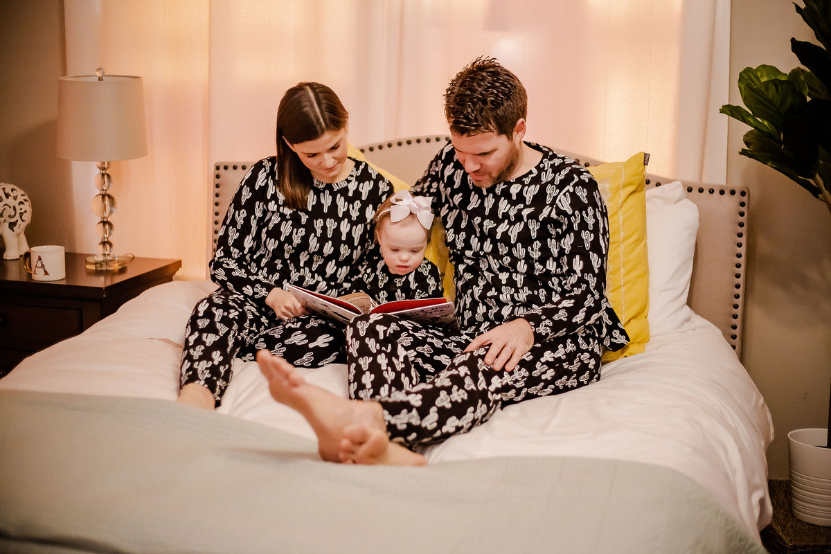 Women's organic cotton pajama set in white-on-black cactus print