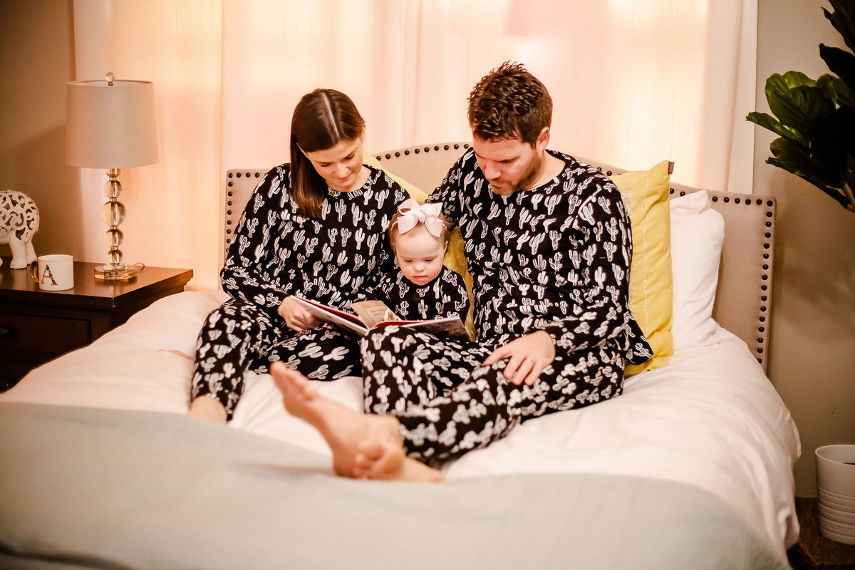 Women's organic cotton pajama set in white-on-black cactus print