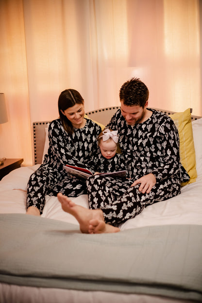 Women's organic cotton pajama set in white-on-black cactus print