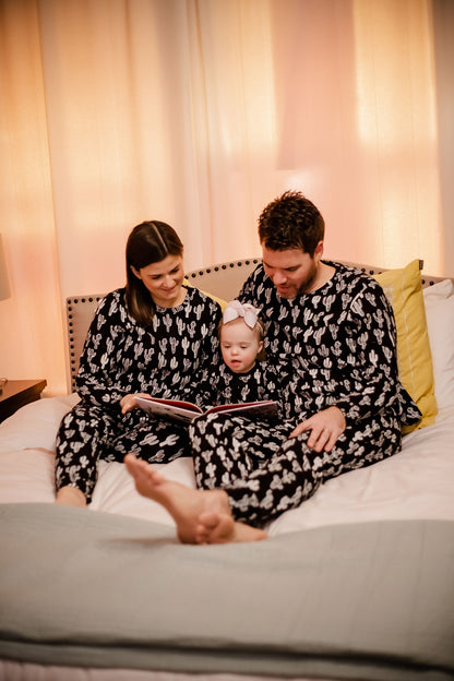 Women's organic cotton pajama set in white-on-black cactus print
