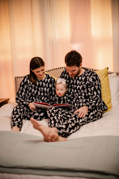 Women's organic cotton pajama set in white-on-black cactus print
