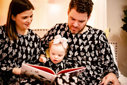 Women's organic cotton pajama set in white-on-black cactus print