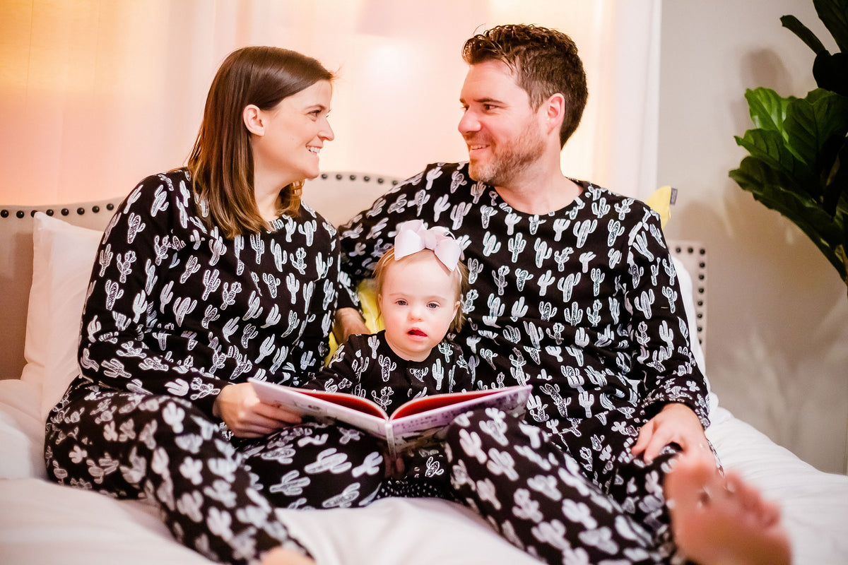 Women's organic cotton pajama set in white-on-black cactus print