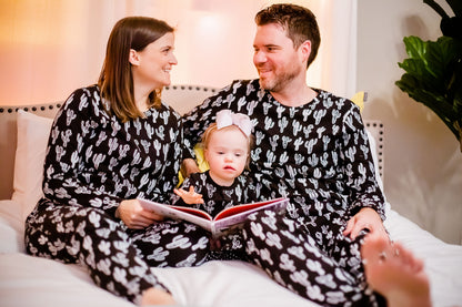 Women's organic cotton pajama set in white-on-black cactus print