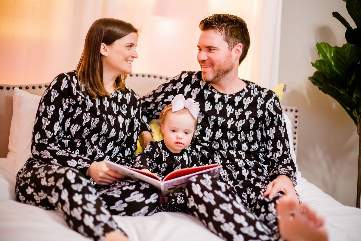 Women's organic cotton pajama set in white-on-black cactus print