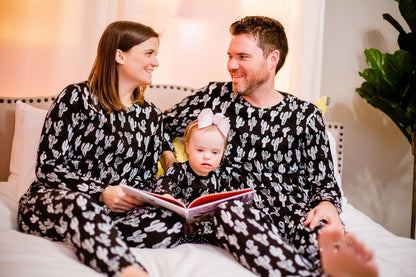 Women's organic cotton pajama set in white-on-black cactus print