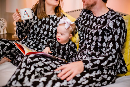 Women's organic cotton pajama set in white-on-black cactus print